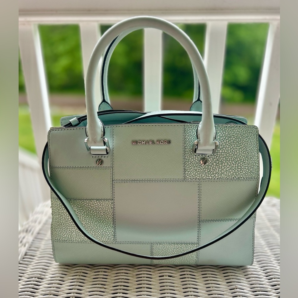 MICHAEL KORS. Selma Celadon Satchel Embossed Leather. Light Blue/Greenish Color - Picture 1 of 10